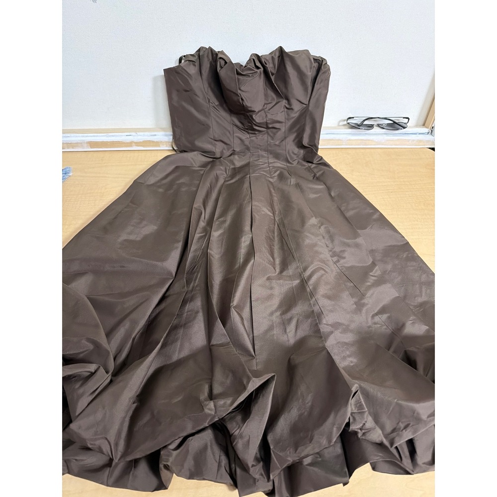 Chocolate Brown Strapless Taffeta Bubble Hem Midi Cocktail Dress Brown